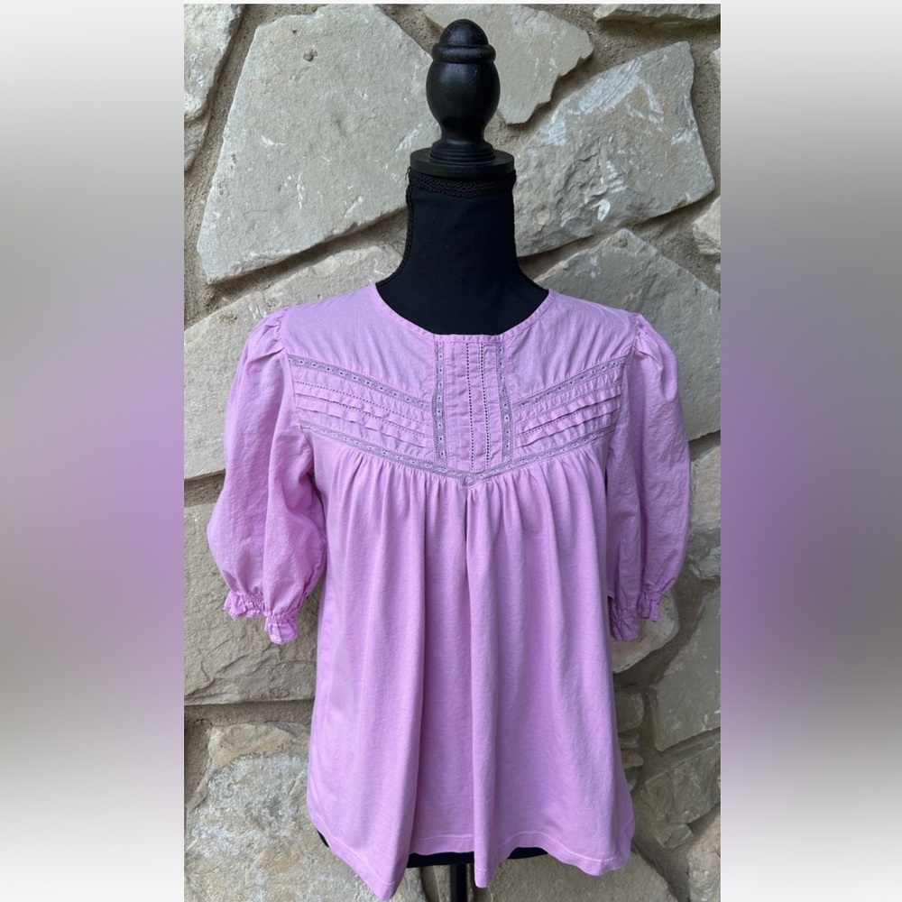 J Crew Tunic Top Small Pink 3/4 Puff Ruffled Sleeves Embroidered Excellent‎